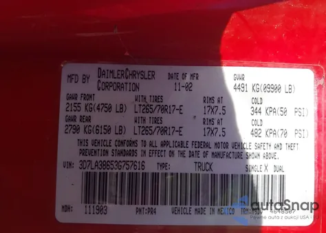 2003 Dodge Ram 3500 Slt/Laramie/St из США, поврежденный, VIN 3D7LA38653G757616